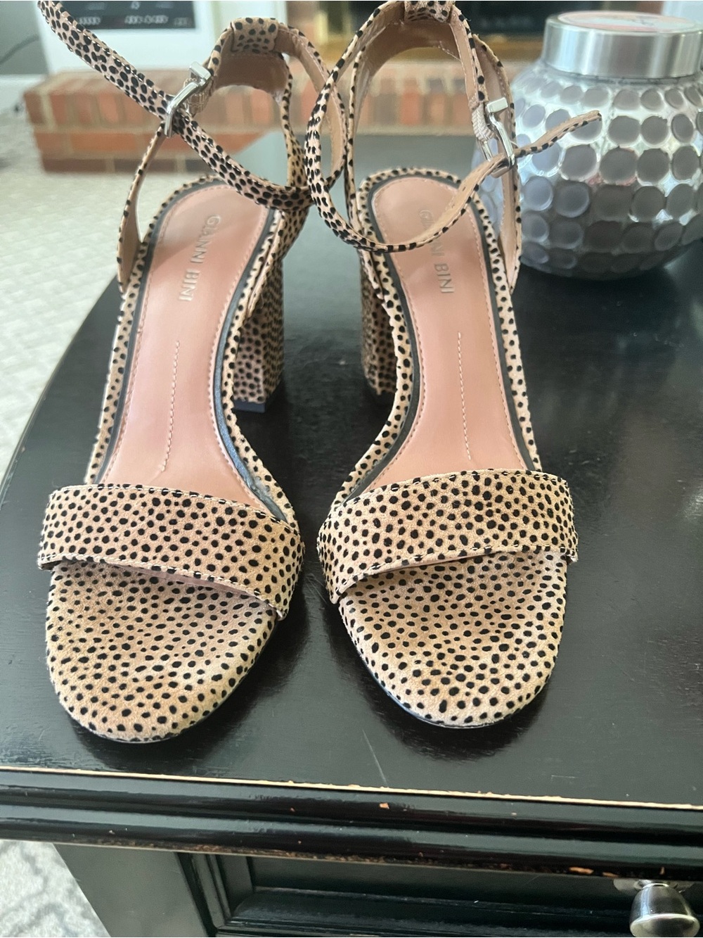 Gianni Bini Tan and Black Cheetah-Print Ankle Strap Block Heel Sandals